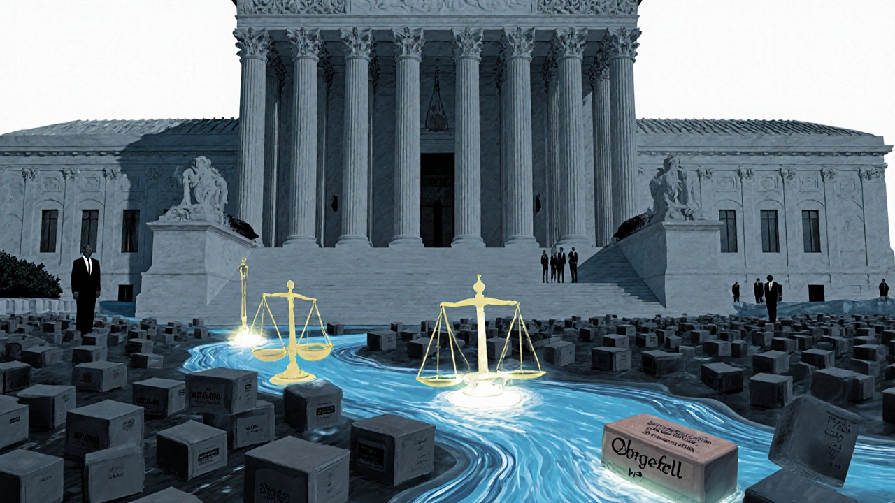 A massive stone gate of justice with only a few glowing cases passing through, others turning away.