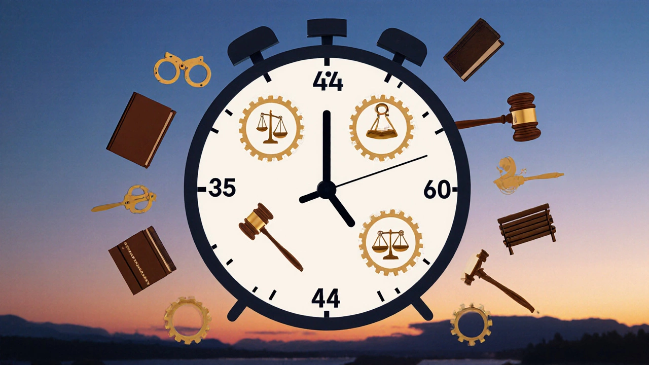 A symbolic clock with legal elements representing the aging process in the legal profession.