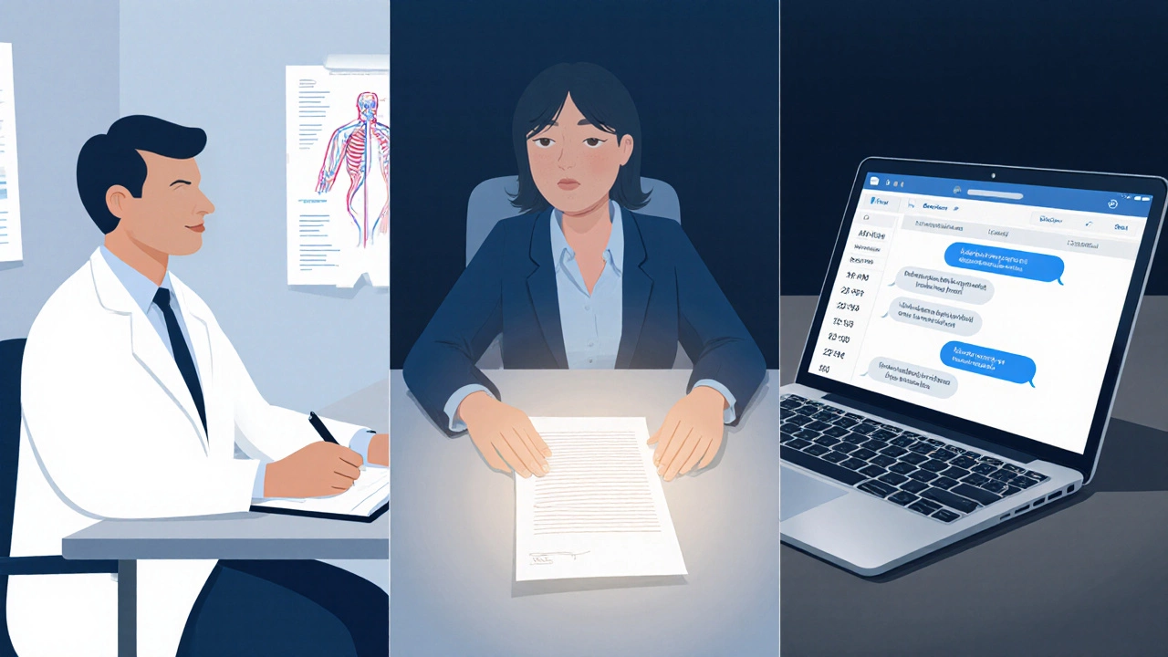 Collage of medical exam, psychological assessment, and digital chat evidence for a case.