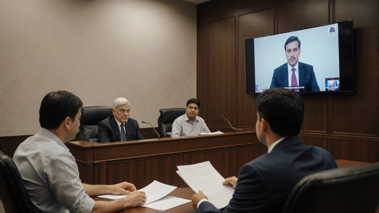 Consumer court hearing with judge, consumer, seller, and a video‑conference screen.