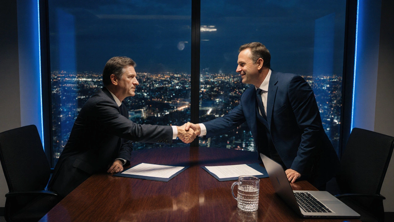 Corporate lawyers shaking hands over documents in a high‑rise boardroom with city lights.