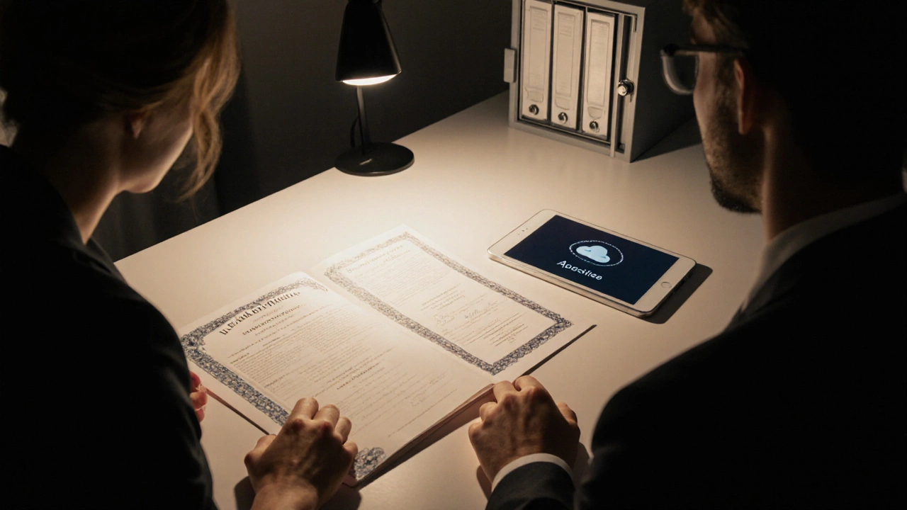 Couple in a home office reviewing US and foreign marriage documents beside a safe and cloud storage.