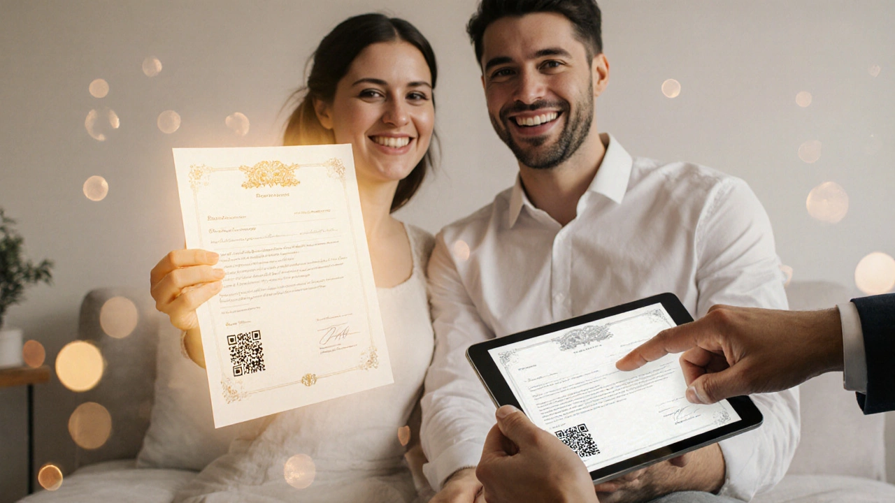 Couple viewing a glowing digital marriage certificate on a tablet, holding a printed copy.