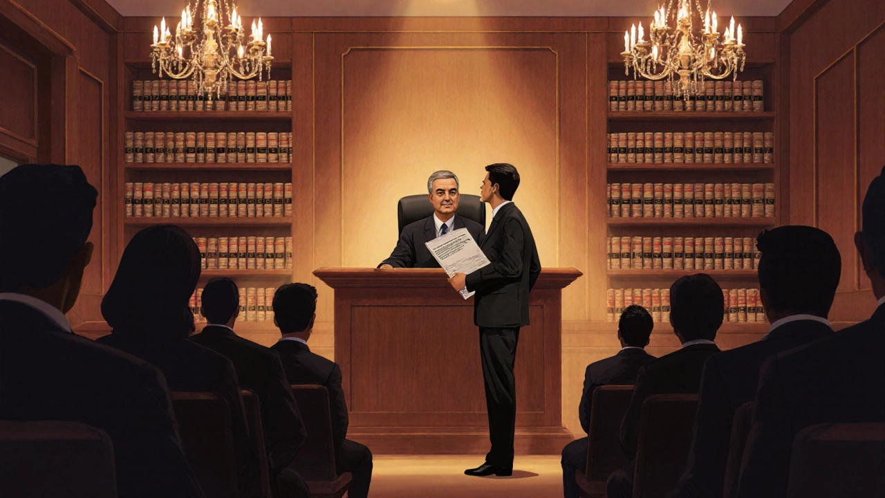 Courtroom scene where a lawyer presents evidence to a judge during a divorce hearing.