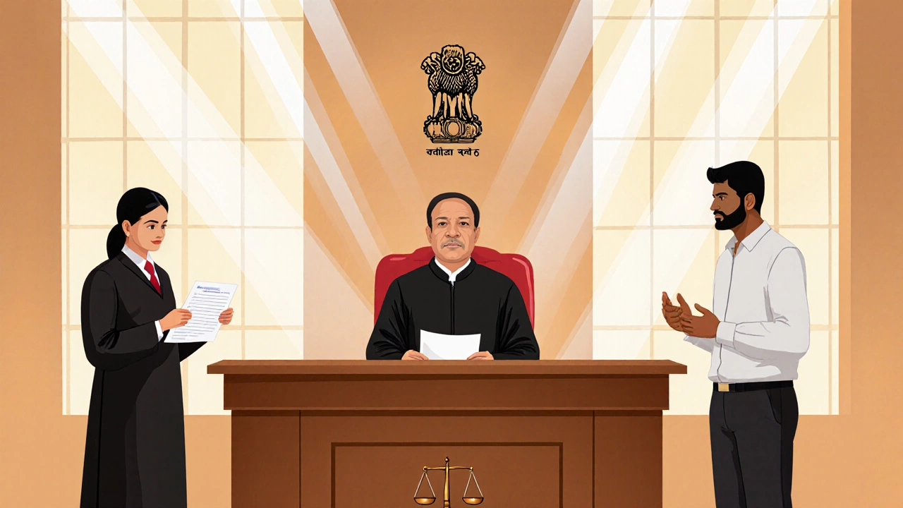 Courtroom scene with judge, consumer and seller during a hearing.