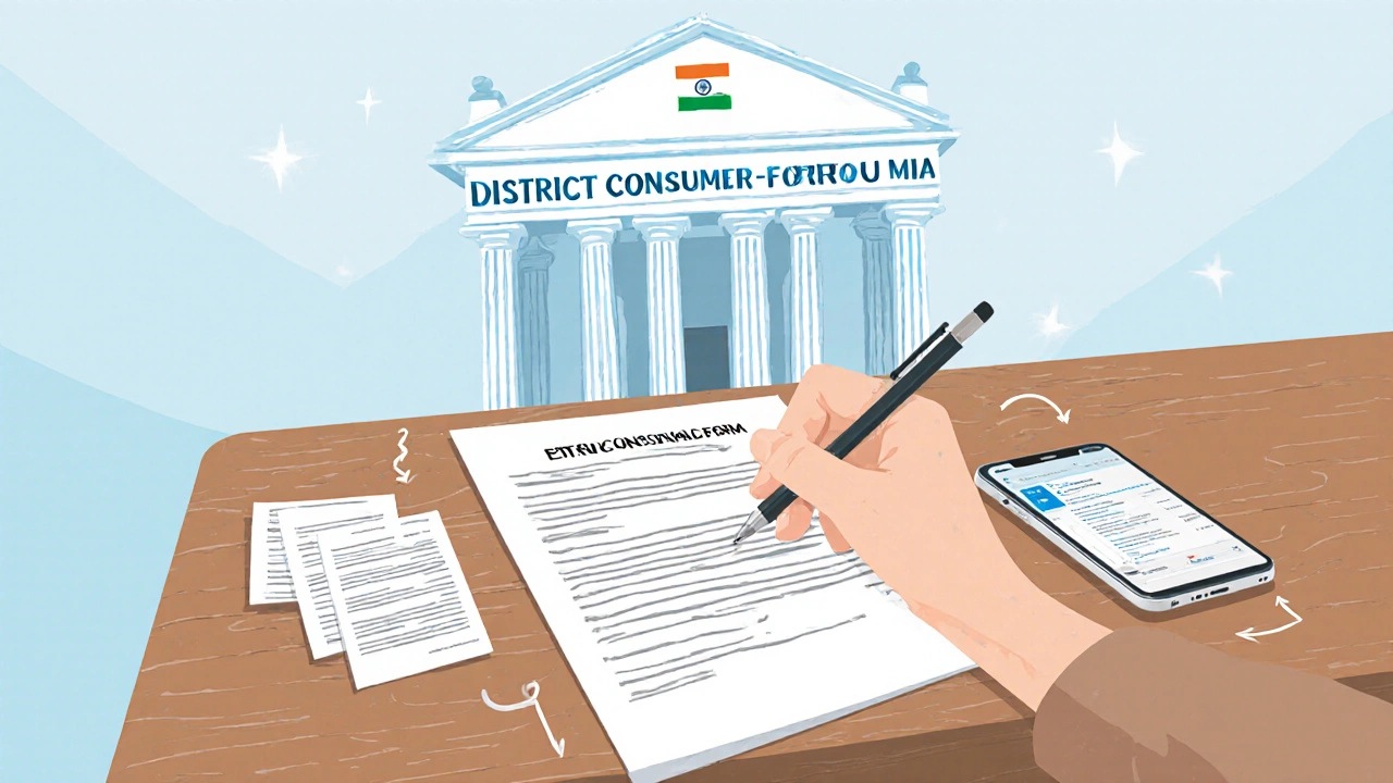 Desk with petition, receipts, and smartphone showing messages, background of consumer forum building.