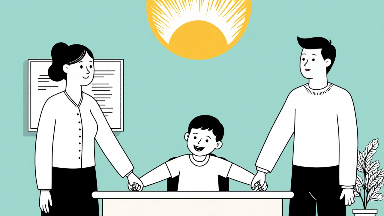 Family counseling scene with parents and child holding hands under sunrise.