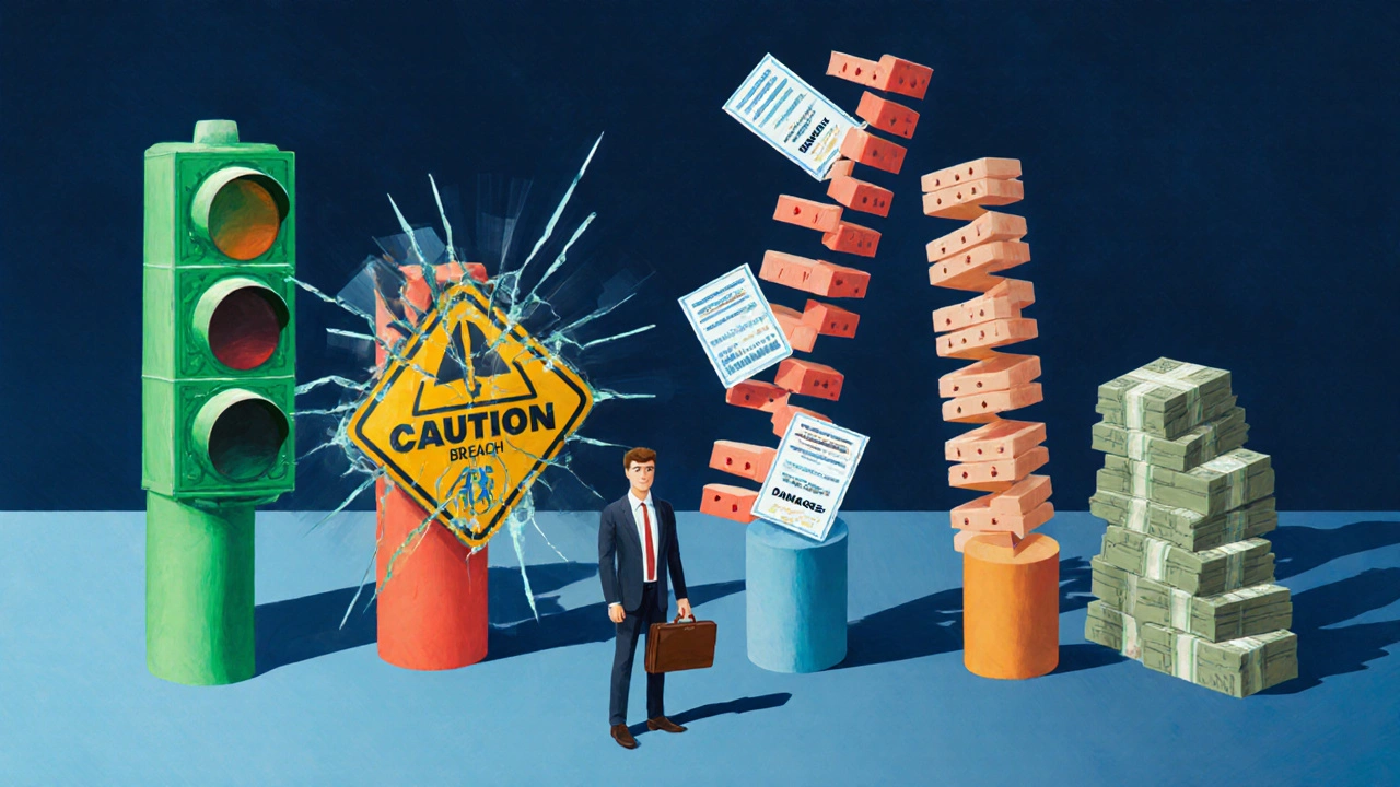 Four symbolic pillars representing duty, breach, causation, and damages with a lawyer.