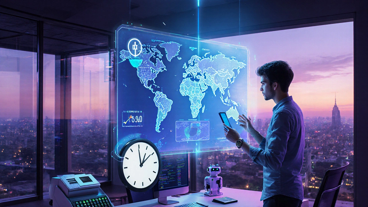 Futuristic coworking space with holographic payroll dashboard and freelancer checking hourly rates.