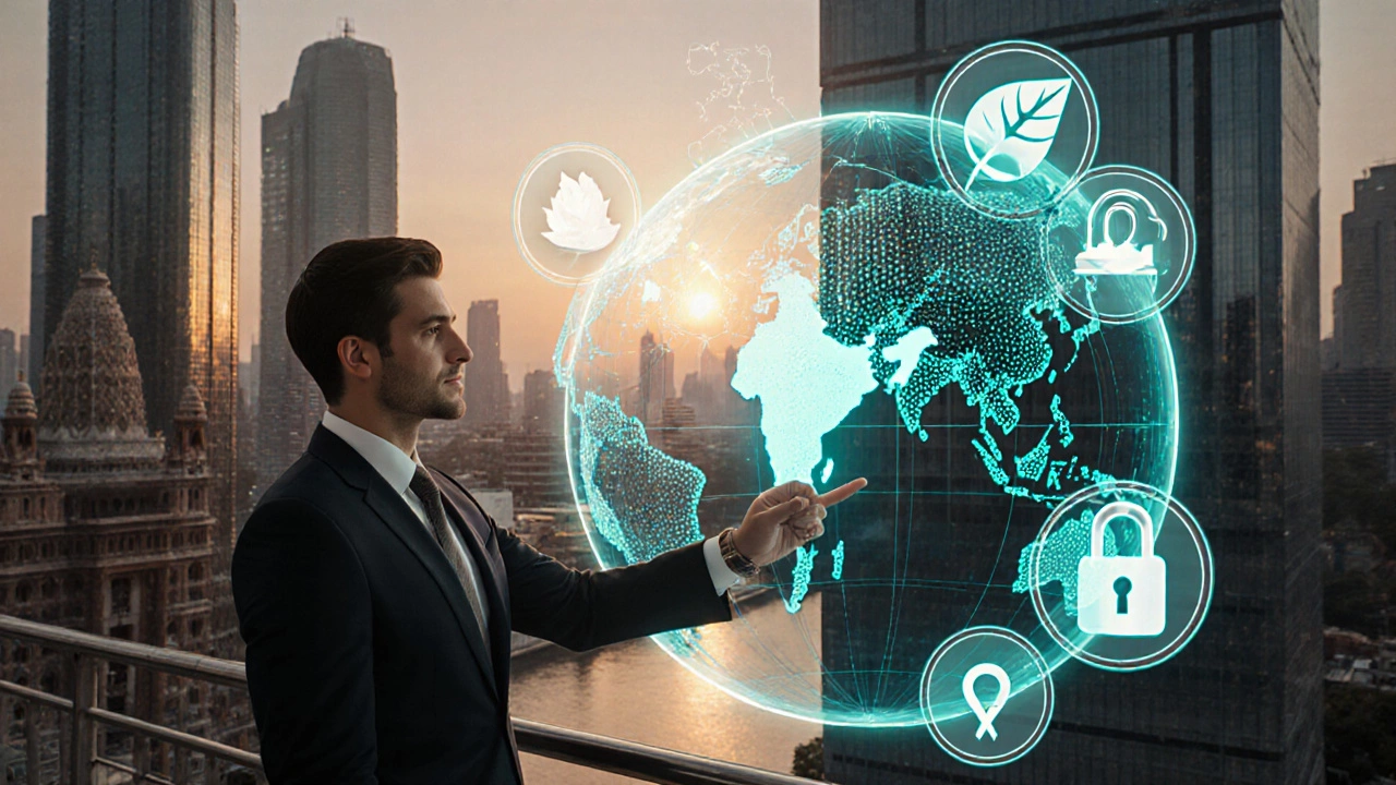 Futuristic scene of lawyer with holographic globe, ESG, data‑privacy, and FDI symbols.