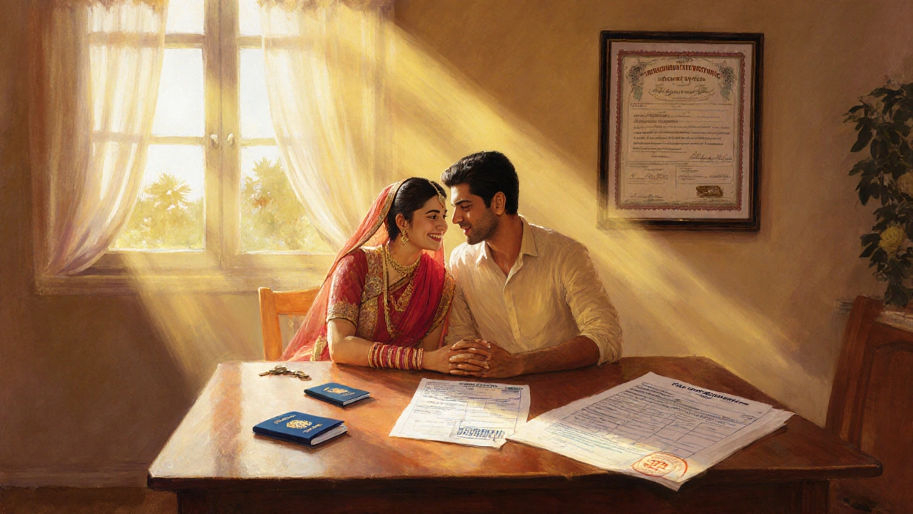 Happy couple with Indian marriage certificate, house key, passport visa stamp, and tax form.