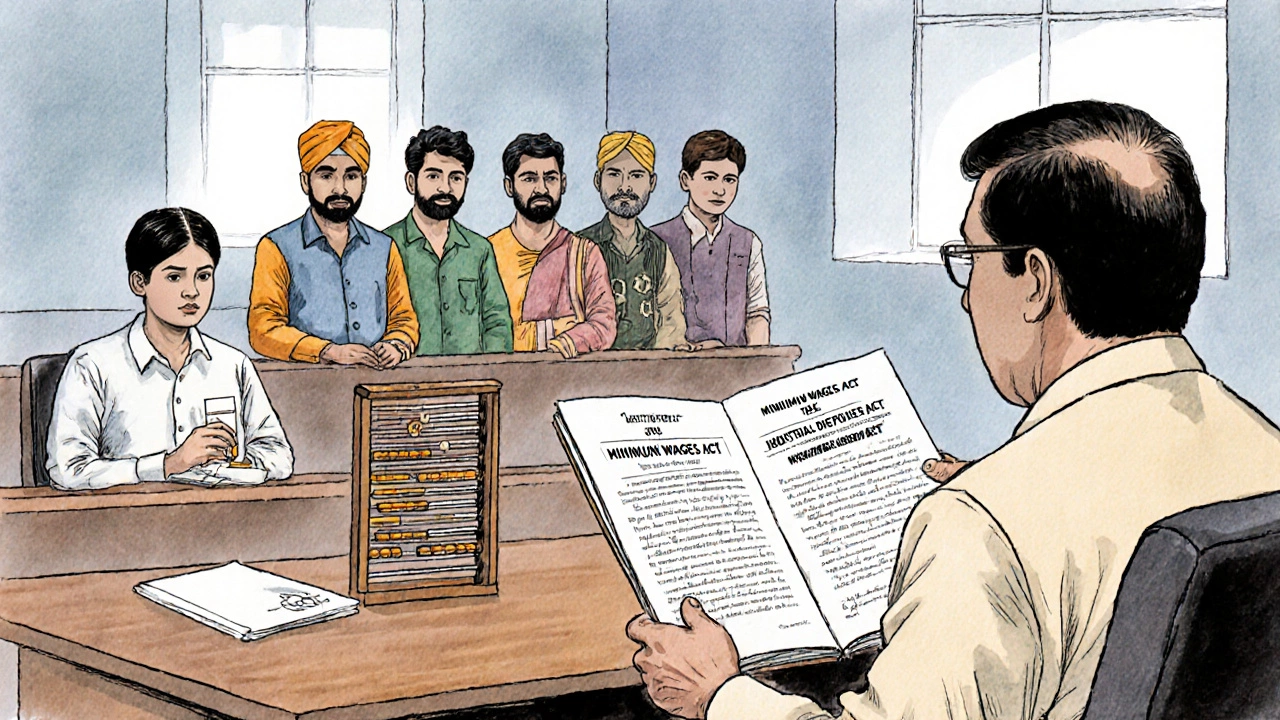 Illustrated courtroom with judges reviewing wage laws and diverse workers watching.