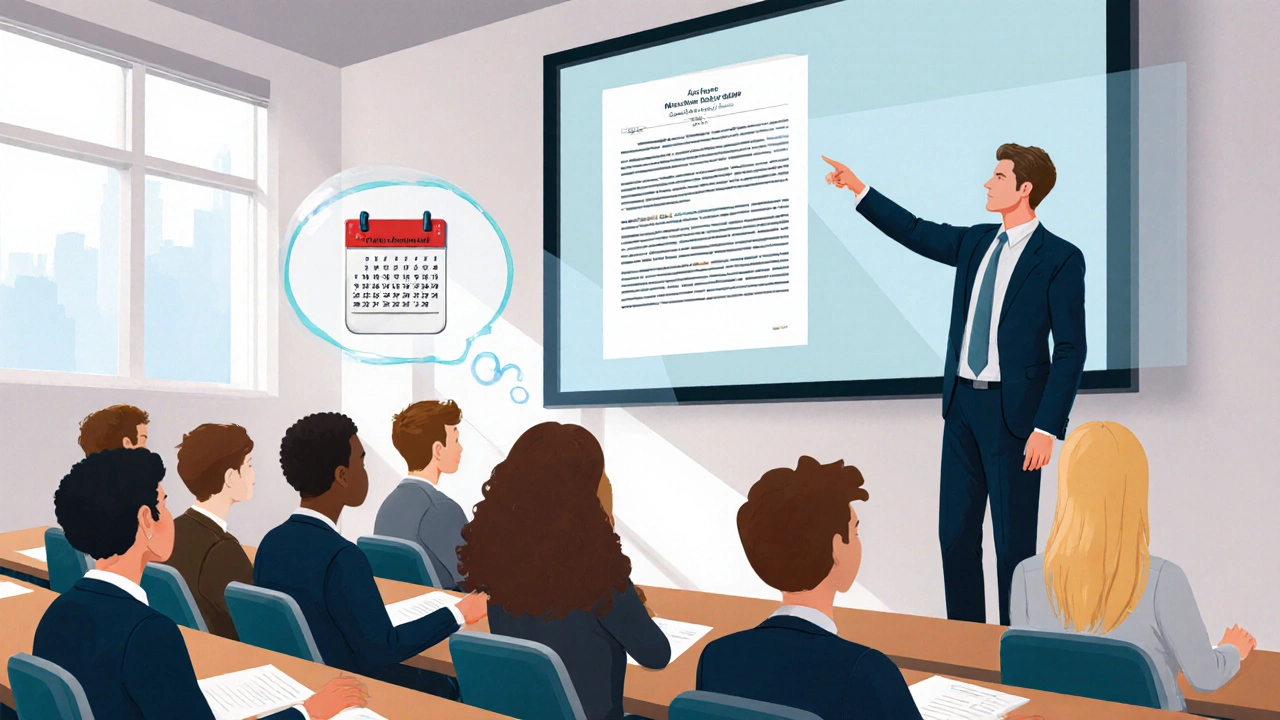 Intense classroom scene of students in an accelerated JD program with a professor presenting criminal law.
