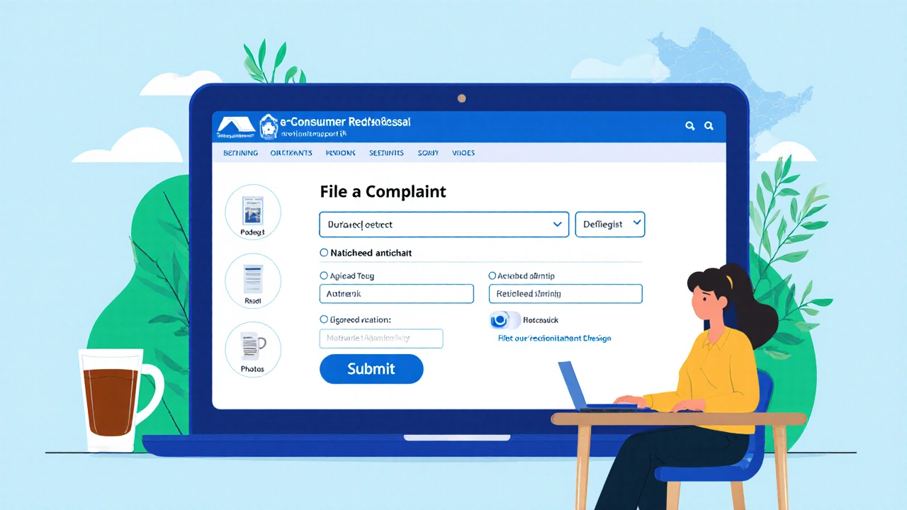 Laptop screen showing e‑Consumer portal complaint form with user at desk.