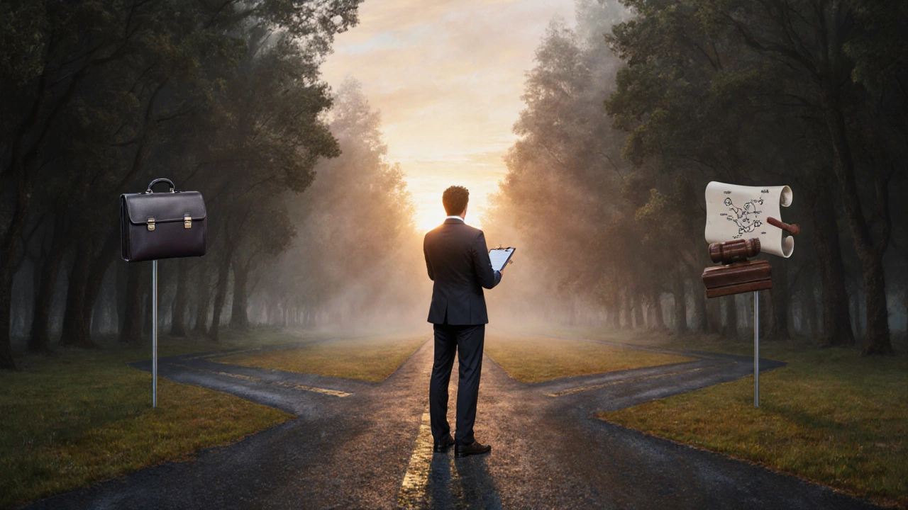 Lawyer at forest crossroads, each path symbolizing a different legal specialty at sunrise.