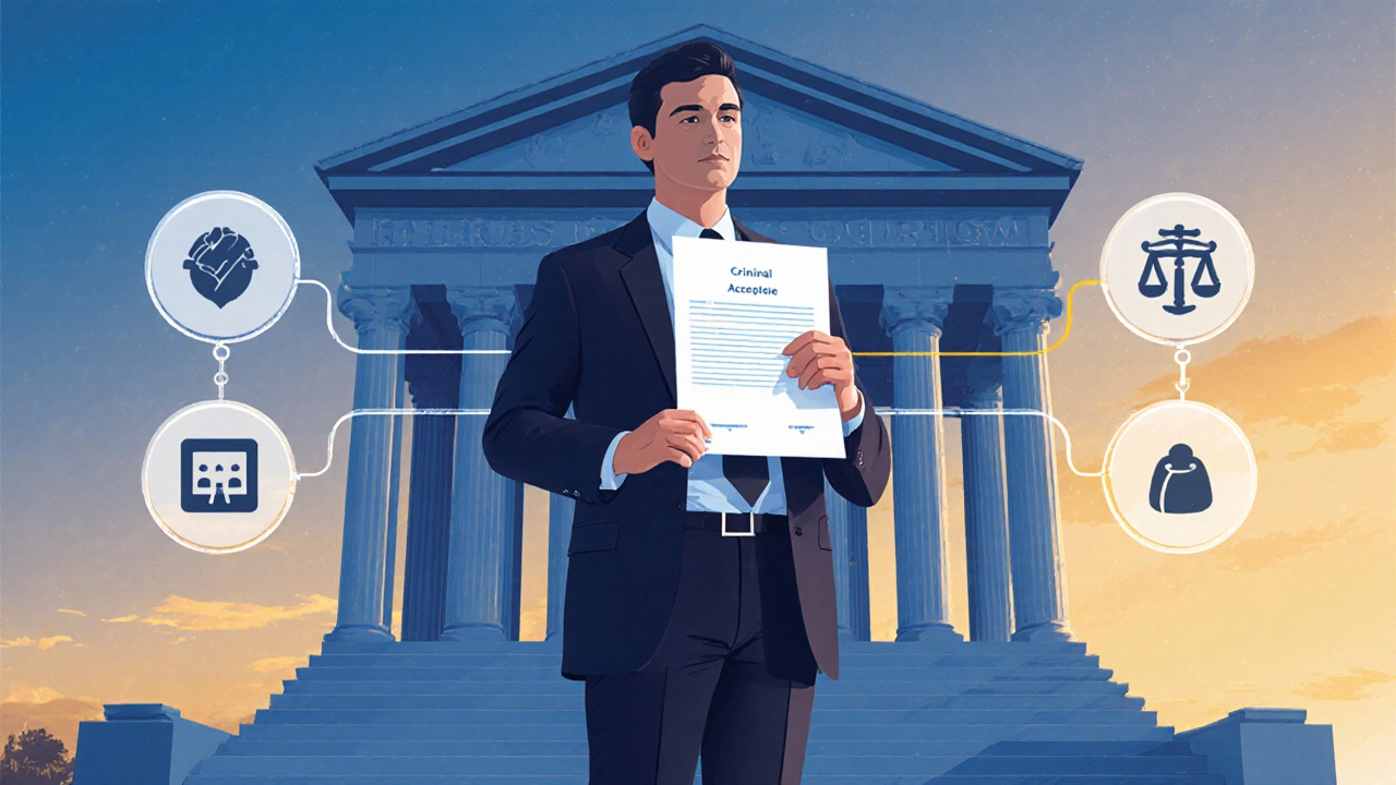 New criminal lawyer on courthouse steps with a bar exam letter and a faint timeline of fast‑track paths.