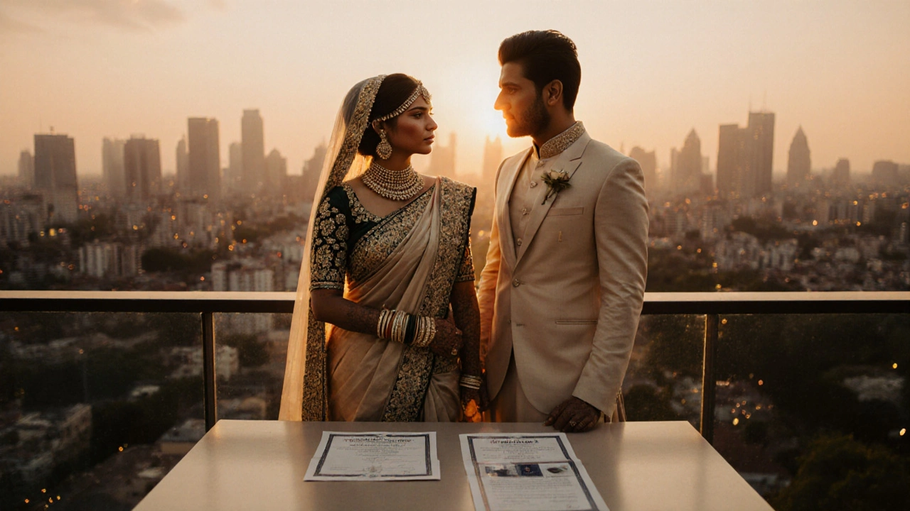 Newly married couple on balcony at dusk with legal documents nearby.