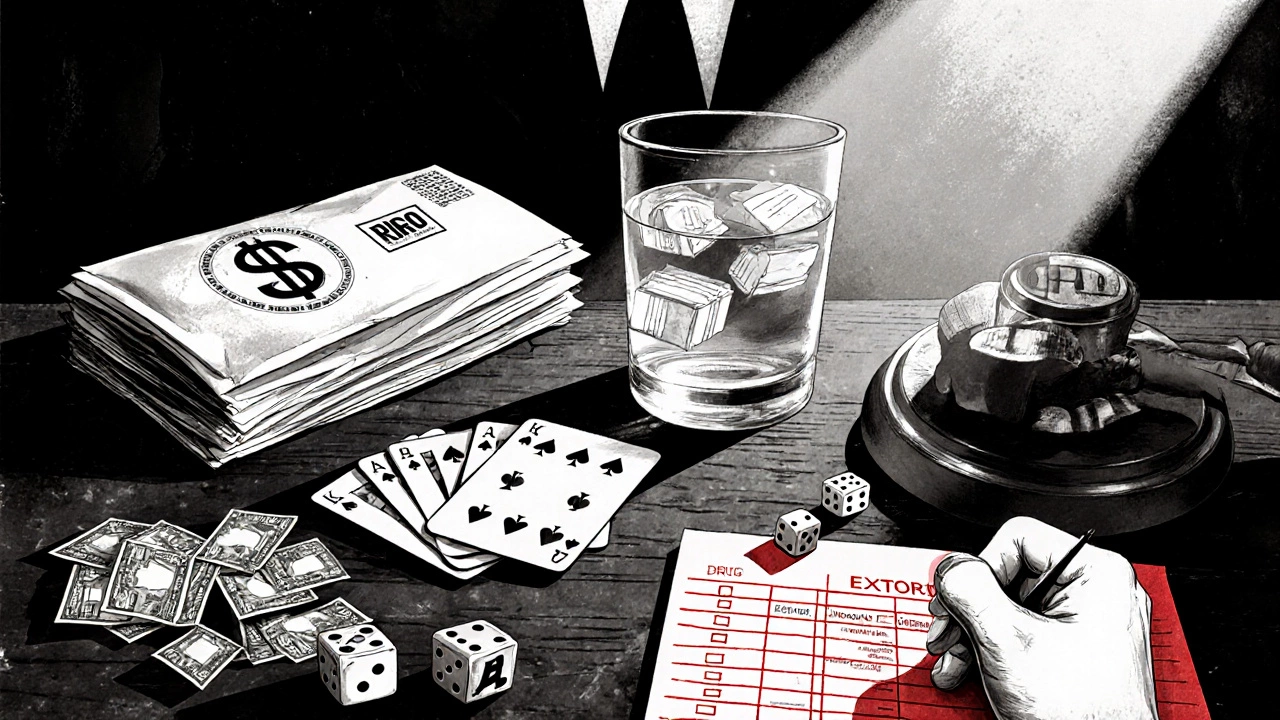 Noir table with items symbolizing mail fraud, money laundering, drug trafficking, gambling, and extortion.