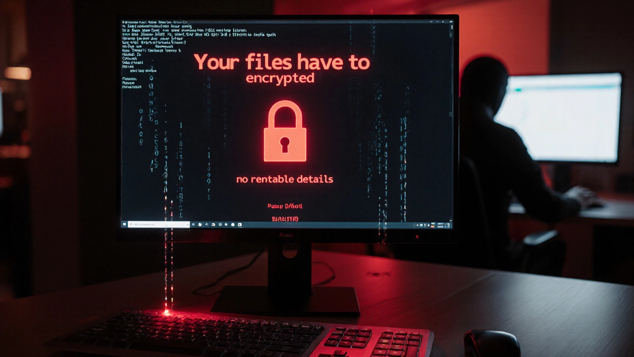 Office computer screen showing a red ransomware lock note with binary streams, conveying an ongoing cyber attack.