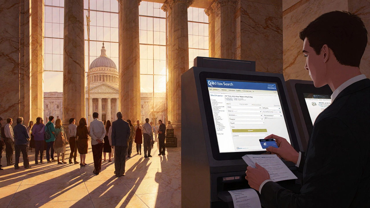 People use a public access terminal inside a Virginia courthouse lobby.