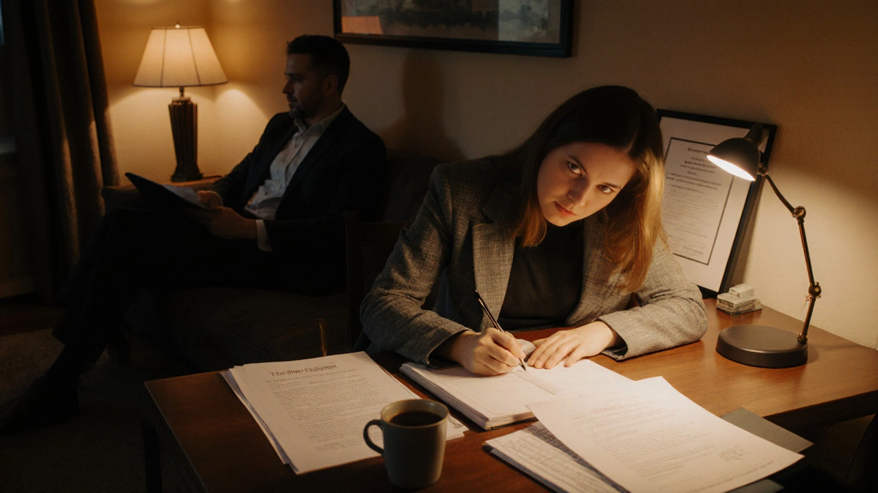 Person writing in a pain diary at a desk surrounded by medical papers and a lawyer.