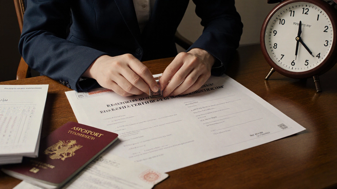 Registrar office desk with stamped documents, passports, and fee receipt indicating registration steps.