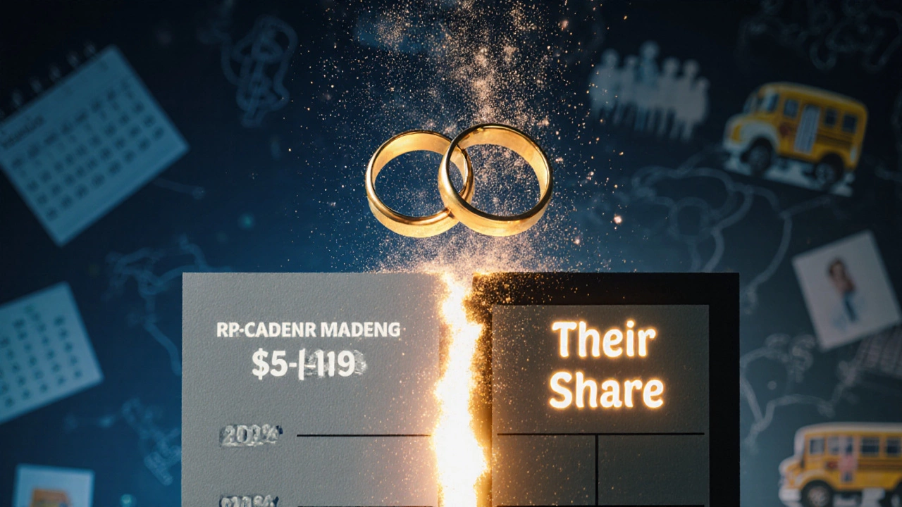 Retirement fund splitting in half with dissolving wedding rings, representing financial loss.