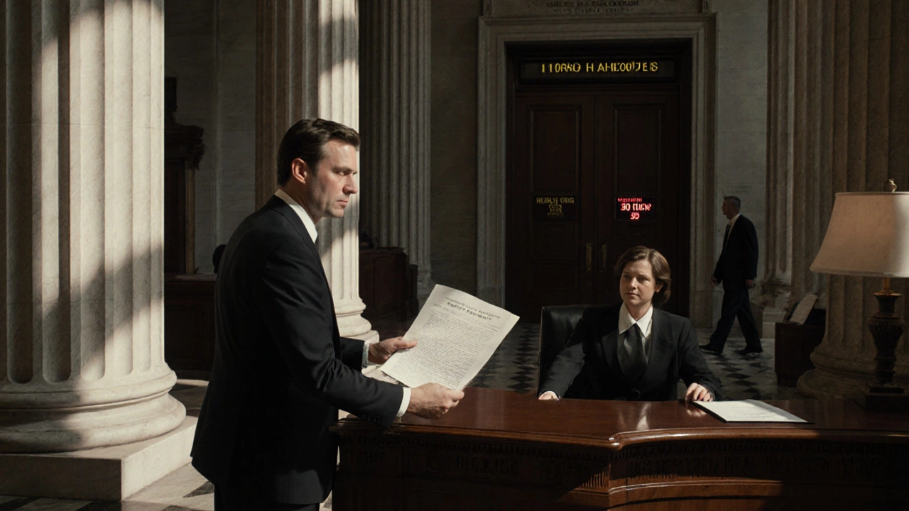 Scene of a defendant delivering a removal notice to a clerk in a federal courthouse hallway.