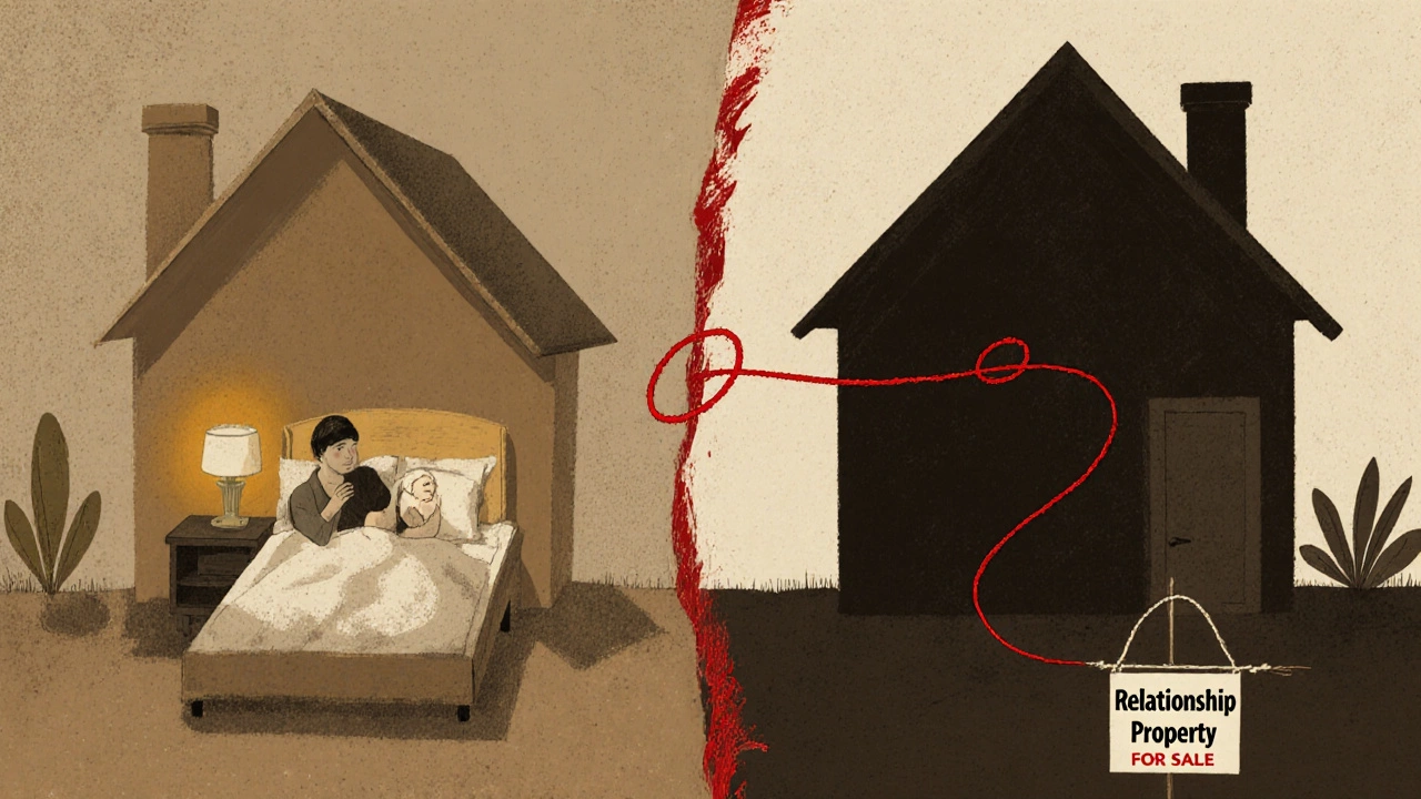 Split house illustration showing family life on one side and emptiness on the other.