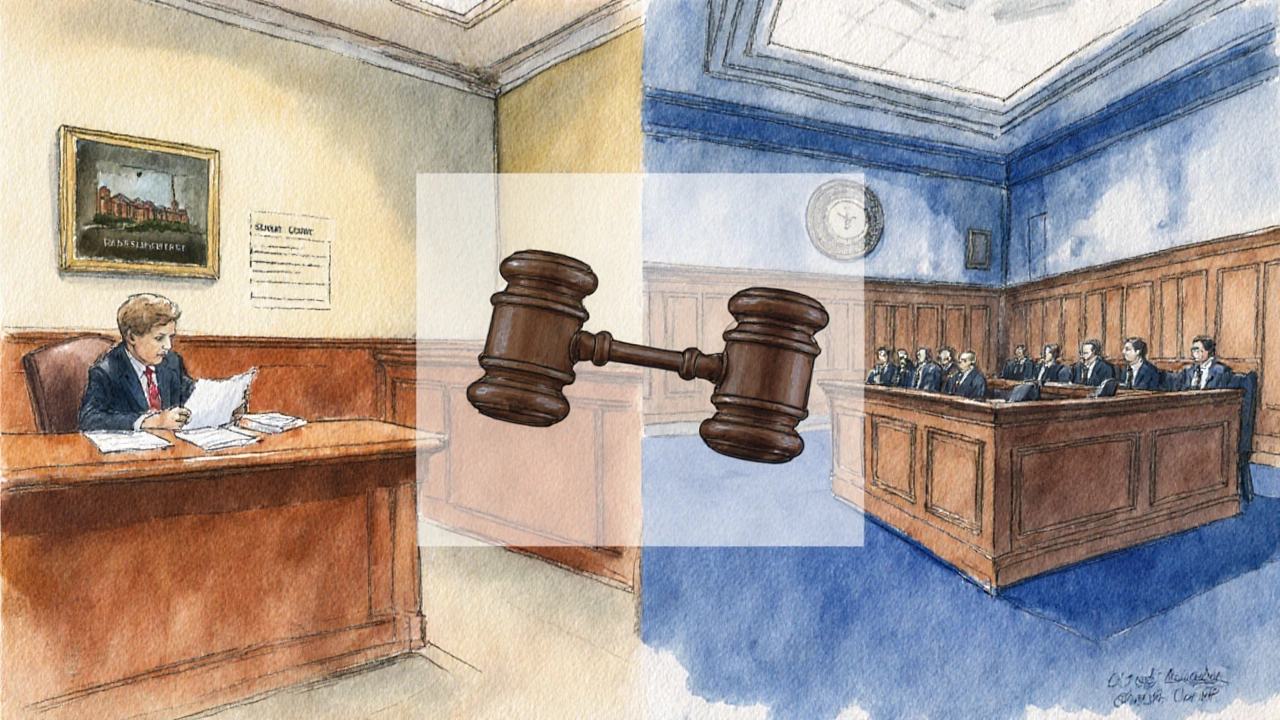 Split view of General District courtroom vs. larger Circuit Court courtroom in watercolor.