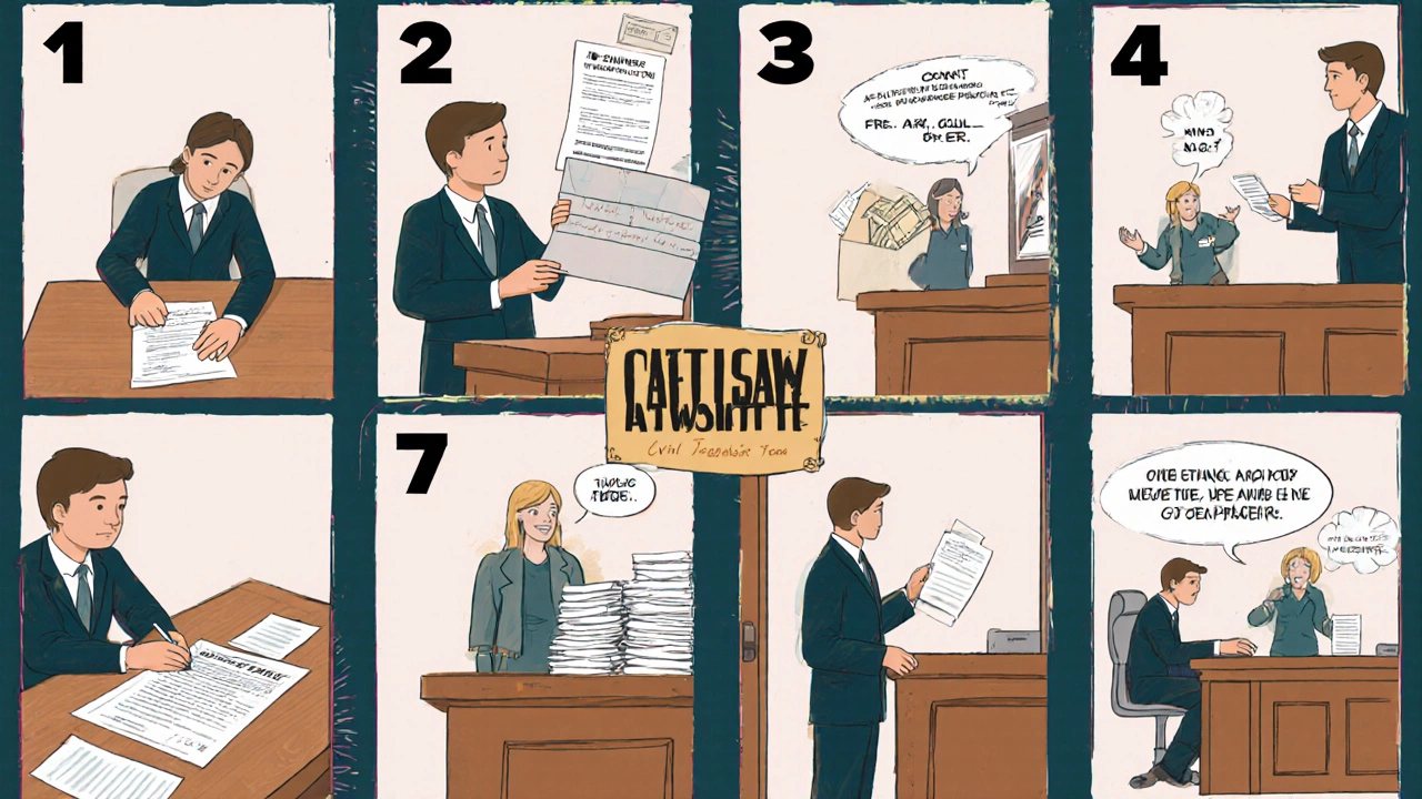 Storyboard of filing steps: drafting complaint, filing, service, answer, discovery, motion, trial, judgment.