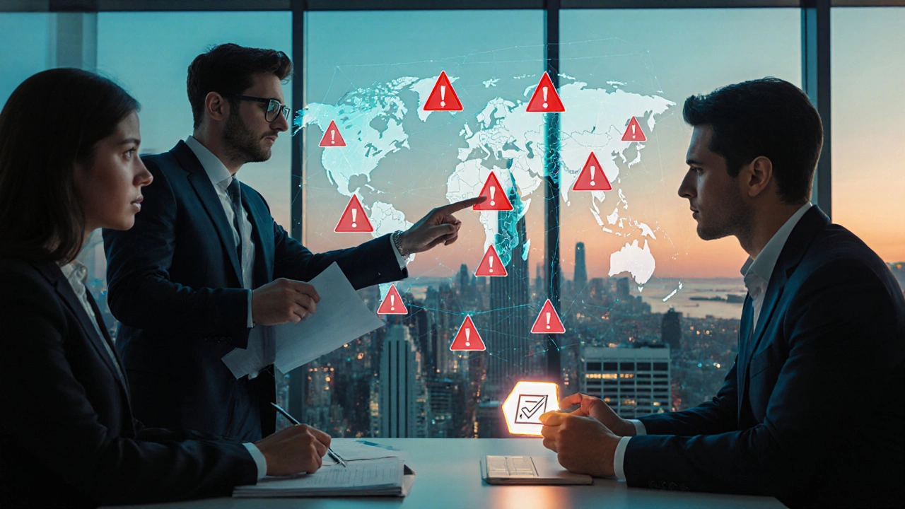 Team of security analyst, lawyer, and forensic expert reviewing a holographic network map and checklist.