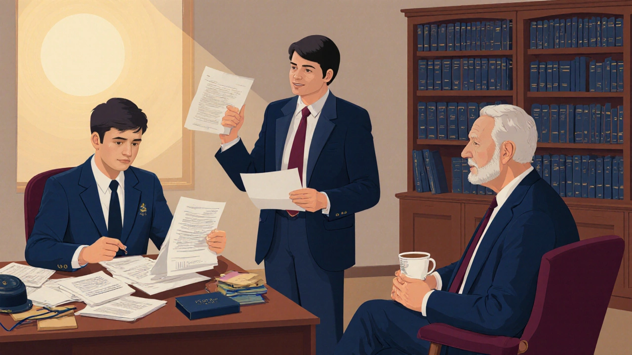Three lawyers at different career stages working together in a law office setting.