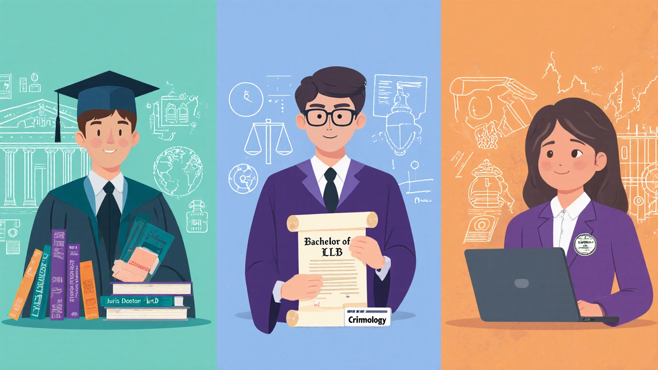 Three panels showing LLB graduate, JD student, and criminology researcher.