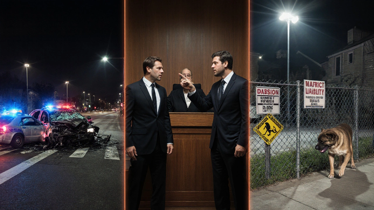 Three side‑by‑side scenes: car crash, courtroom accusation, and dog bite illustrating tort types.