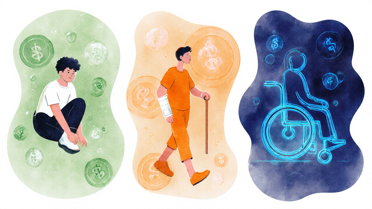 Three watercolor vignettes showing minor, moderate, and severe injuries with symbolic money.