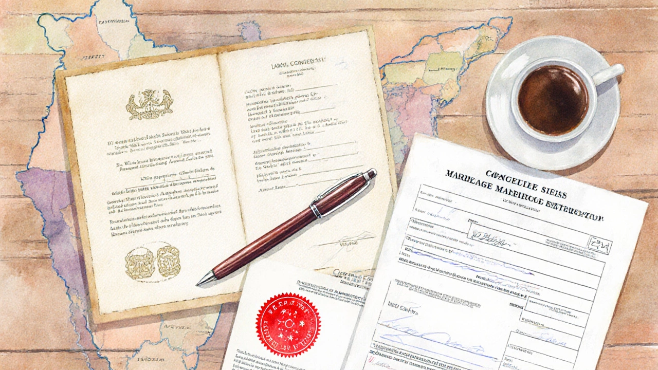 Watercolor flat lay of foreign marriage certificate, apostille stamp, English translation, and CRoM form.