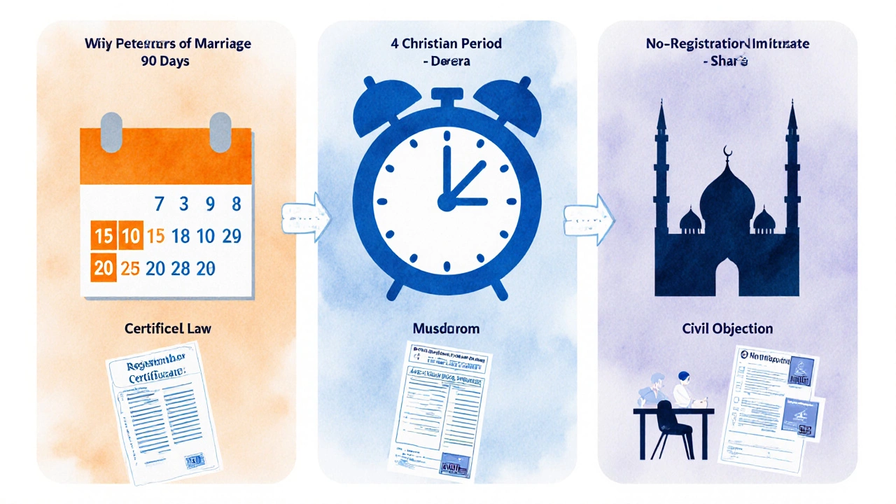 Watercolor timeline showing remarriage steps for Hindu, Christian, and Muslim couples.