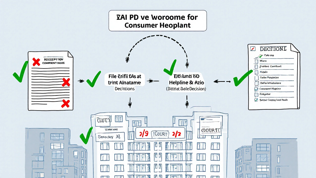 A flowchart showing the correct steps to file a consumer complaint with real sections highlighted and &#039;Section 49&#039; crossed out.