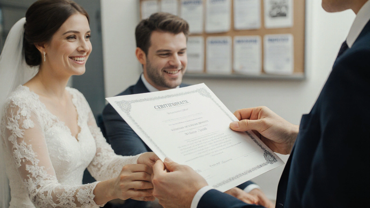 A registrar handing a certified marriage certificate to a smiling couple in a government office.