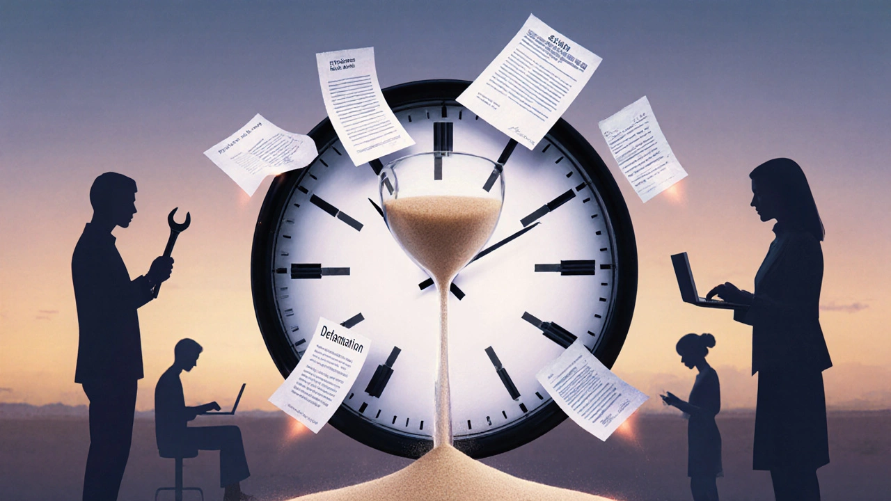 A symbolic clock made of legal documents unraveling into sand, with silhouettes of people representing civil disputes.