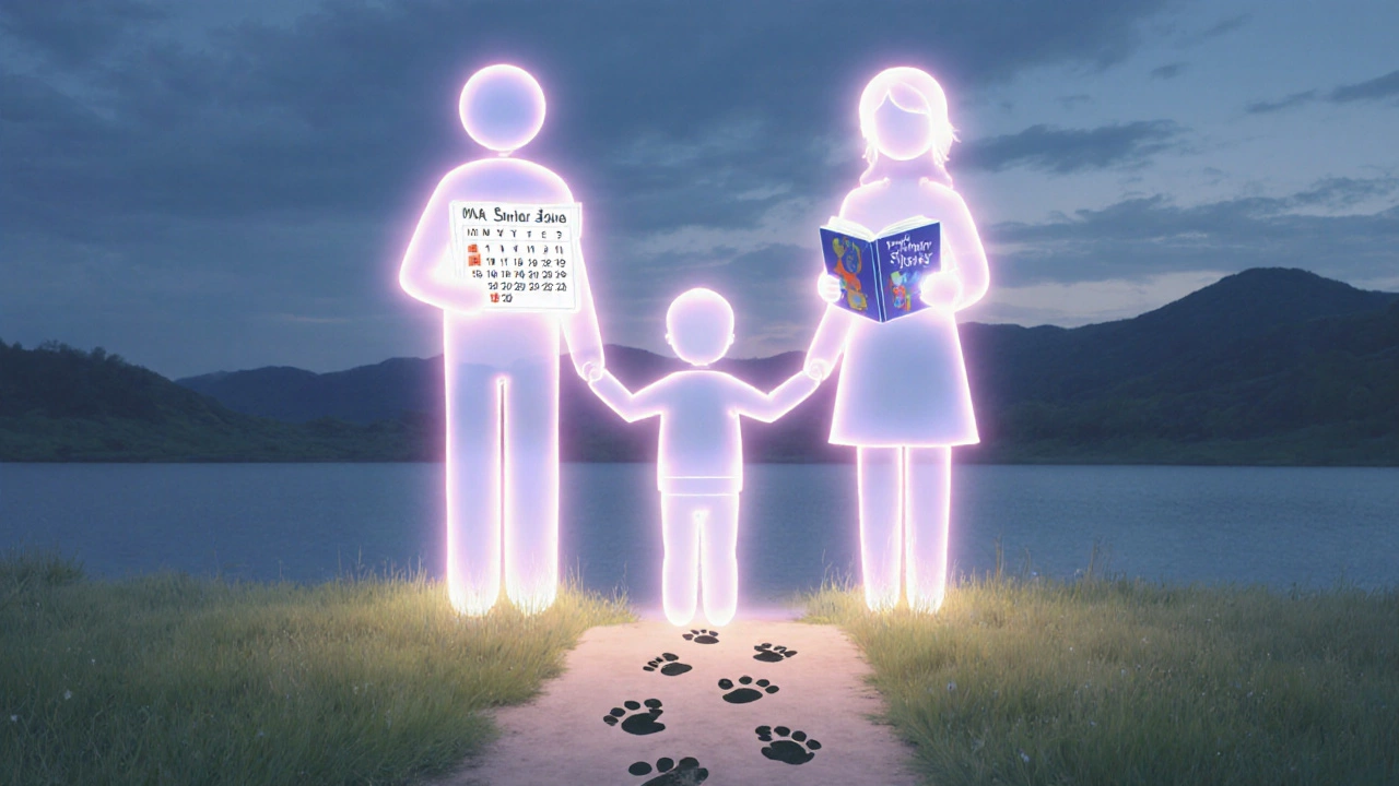 Child between two glowing parental figures holding routine items, path of footprints ahead.