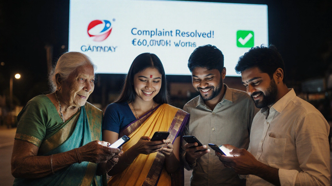 Citizens receiving refund notifications on their phones while a company&#039;s logo disappears from a digital sign.