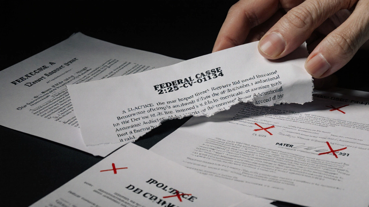 Close-up of federal case number on legal paper beside torn state court filing, with scattered related documents.