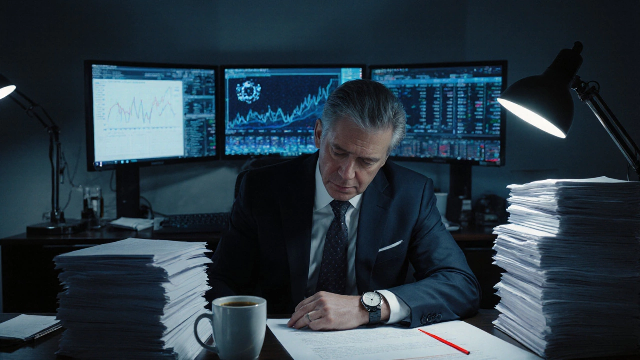 Corporate lawyer working late at night surrounded by documents and glowing computer screens.