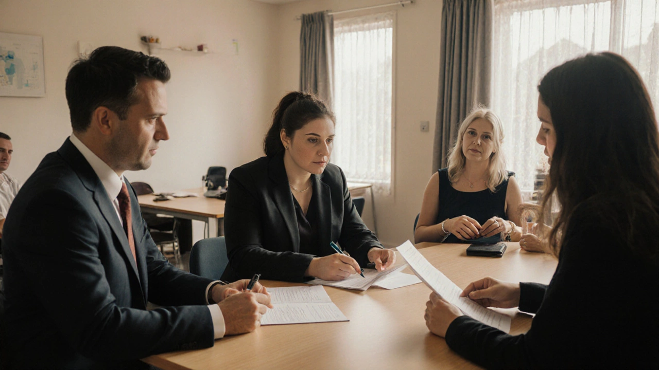 Lawyer, mediator, and social worker supporting a mother and separated parents in a community center