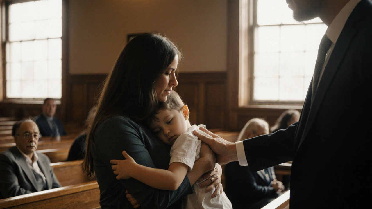 Mother hugging her child in a courtroom as a lawyer offers comfort during a family law case.