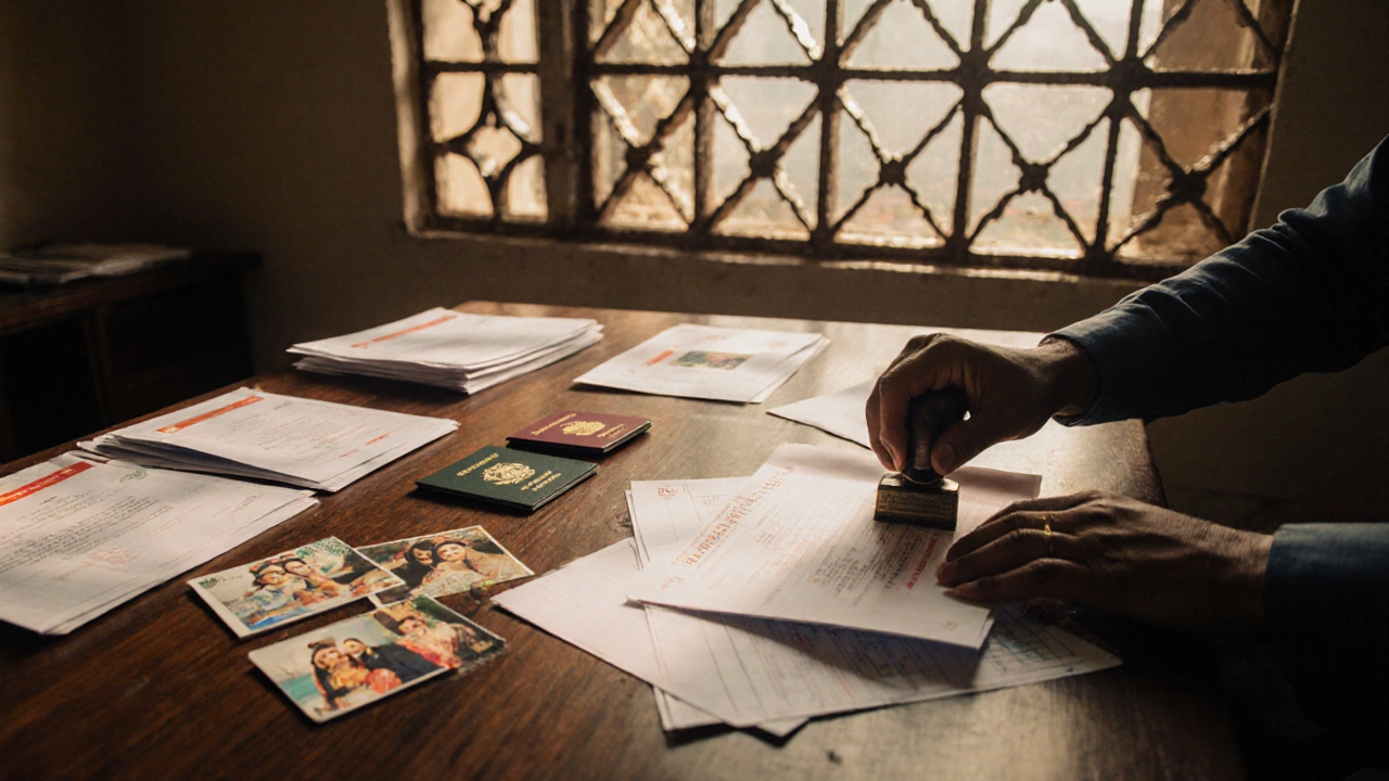 Official documents and photos arranged on a table in a registrar&#039;s office as a stamp is applied to a certificate.