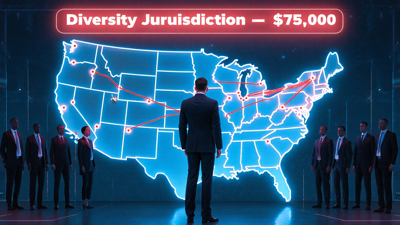 Person standing before a U.S. map with red lines linking states over a ,000 dispute under diversity jurisdiction.