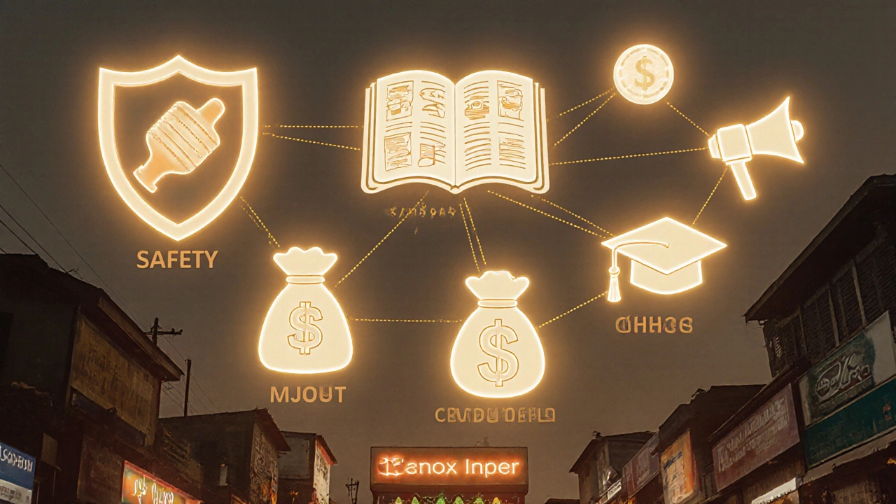 Six glowing consumer rights floating above a bustling Indian marketplace